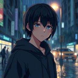 A full body image of a Japanese anime boy walking in a rainy city street at night