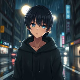 A full body image of a Japanese anime boy walking in a rainy city street at night