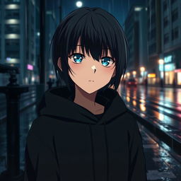 A melancholic anime boy standing in a rain-soaked street at night