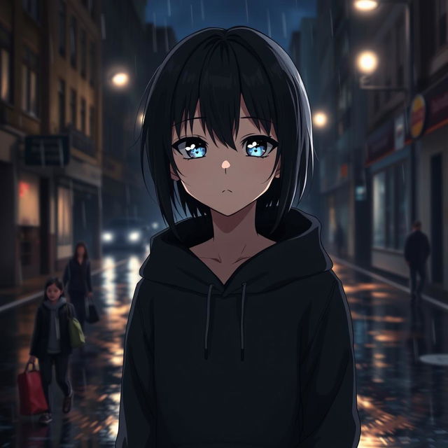 A melancholic anime boy standing in a rain-soaked street at night