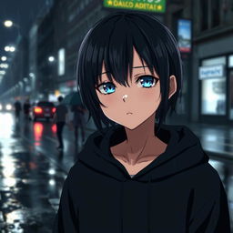 A melancholic anime boy standing in a rain-soaked street at night