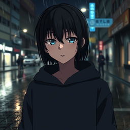 A melancholic anime boy standing in a rain-soaked street at night
