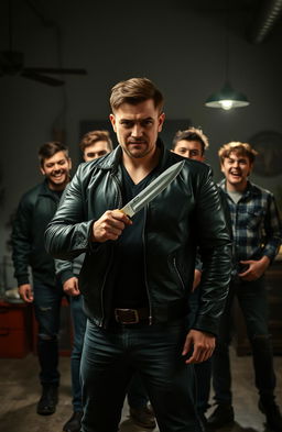 A man standing confidently in an indoor setting, holding a knife with an intense, thrilling expression on his face