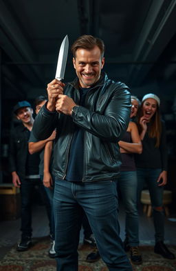 A man standing confidently in an indoor setting, holding a knife with an intense, thrilling expression on his face