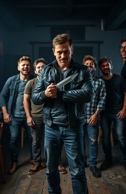 A man standing confidently in an indoor setting, holding a knife with an intense, thrilling expression on his face