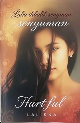 Cover of a book titled 'Luka dibalik senyuman: Hurtful', featuring a beautiful, yet melancholic portrait of a young woman with long flowing hair, partially obscured by soft, delicate shadows
