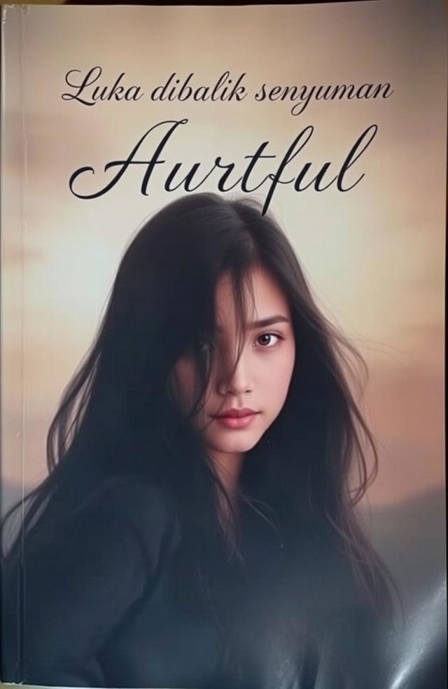 Cover of a book titled 'Luka dibalik senyuman: Hurtful', featuring a beautiful, yet melancholic portrait of a young woman with long flowing hair, partially obscured by soft, delicate shadows