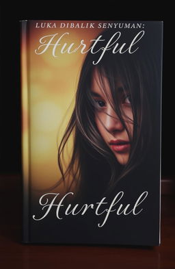 Cover of a book titled 'Luka dibalik senyuman: Hurtful', featuring a beautiful, yet melancholic portrait of a young woman with long flowing hair, partially obscured by soft, delicate shadows