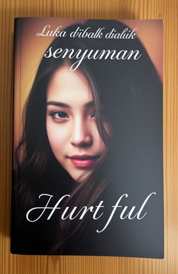 Cover of a book titled 'Luka dibalik senyuman: Hurtful', featuring a beautiful, yet melancholic portrait of a young woman with long flowing hair, partially obscured by soft, delicate shadows