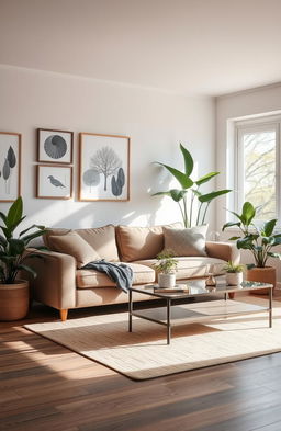 A casual style background featuring a cozy, modern living room with a plush sofa, a stylish coffee table, and soft lighting