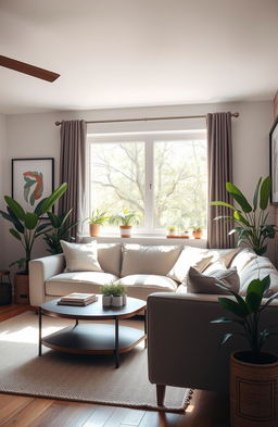 A casual style background featuring a cozy, modern living room with a plush sofa, a stylish coffee table, and soft lighting
