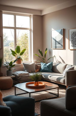 A casual style background featuring a cozy, modern living room with a plush sofa, a stylish coffee table, and soft lighting