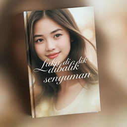 Cover of a book titled 'Luka dibalik senyuman', featuring a hauntingly beautiful portrait of a young woman with expressive eyes and a soft, wistful smile