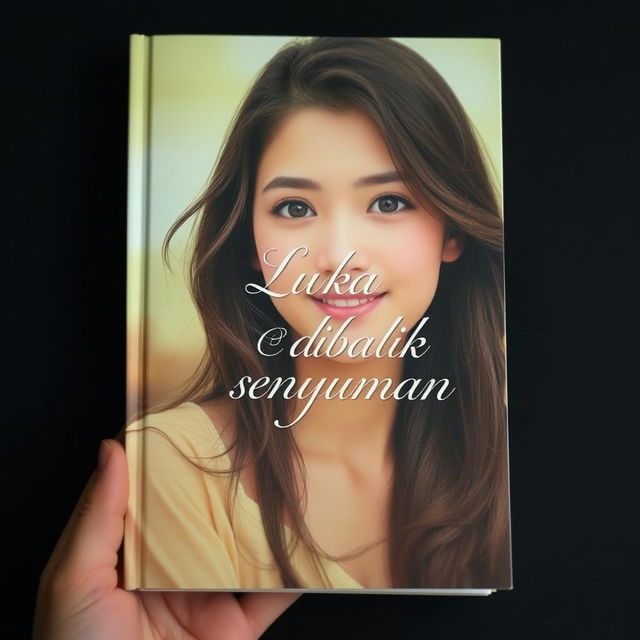 Cover of a book titled 'Luka dibalik senyuman', featuring a hauntingly beautiful portrait of a young woman with expressive eyes and a soft, wistful smile