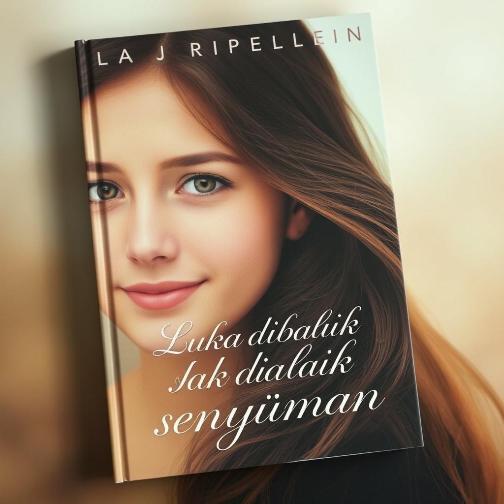 Cover of a book titled 'Luka dibalik senyuman', featuring a hauntingly beautiful portrait of a young woman with expressive eyes and a soft, wistful smile