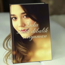 Cover of a book titled 'Luka dibalik senyuman', featuring a hauntingly beautiful portrait of a young woman with expressive eyes and a soft, wistful smile