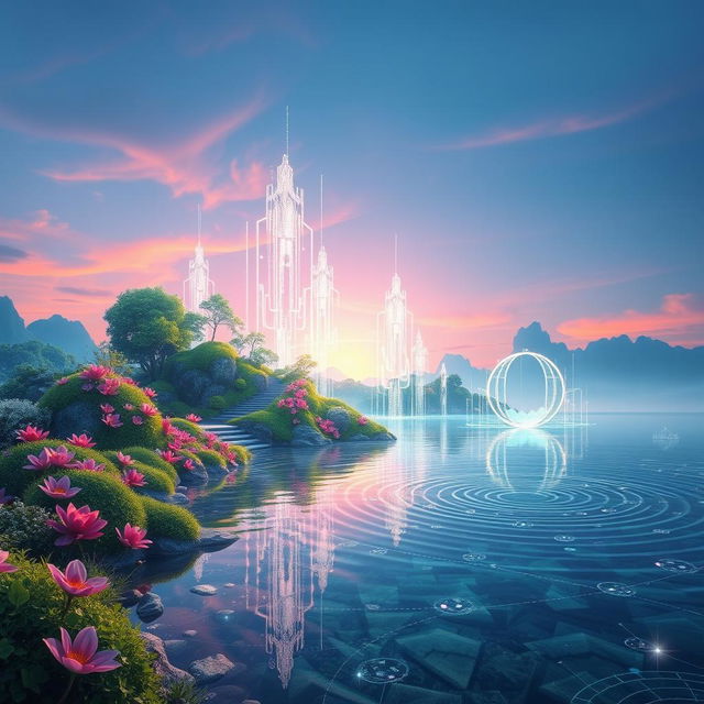 An imaginative digital artwork titled 'Paradigital', embodying a fusion of paradisiacal elements with digital aesthetics