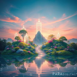 An imaginative digital artwork titled 'Paradigital', embodying a fusion of paradisiacal elements with digital aesthetics