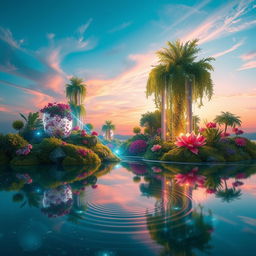 An imaginative digital artwork titled 'Paradigital', embodying a fusion of paradisiacal elements with digital aesthetics