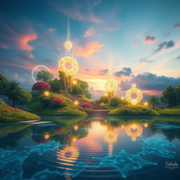 An imaginative digital artwork titled 'Paradigital', embodying a fusion of paradisiacal elements with digital aesthetics