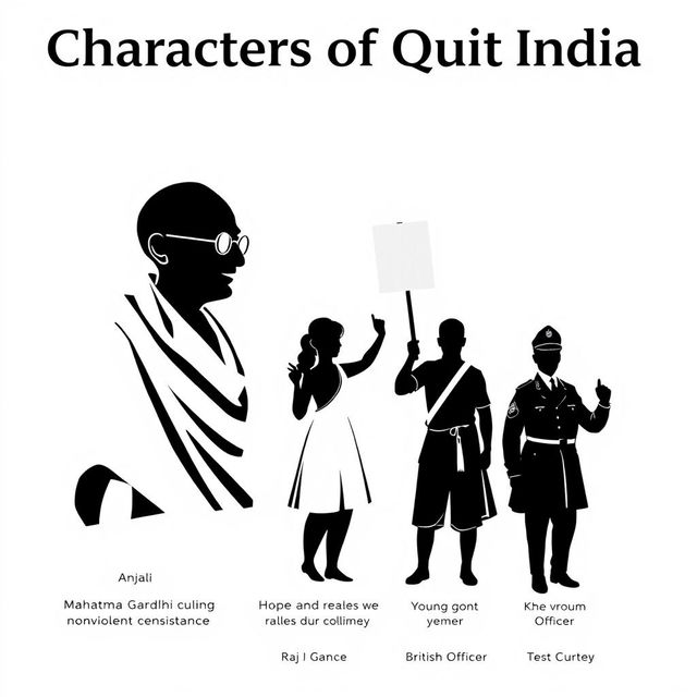 A character page design featuring silhouettes of key figures in the Quit India Movement