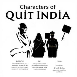 A character page design featuring silhouettes of key figures in the Quit India Movement