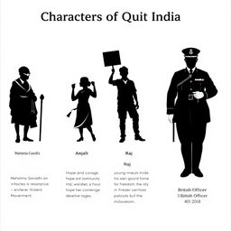 A character page design featuring silhouettes of key figures in the Quit India Movement