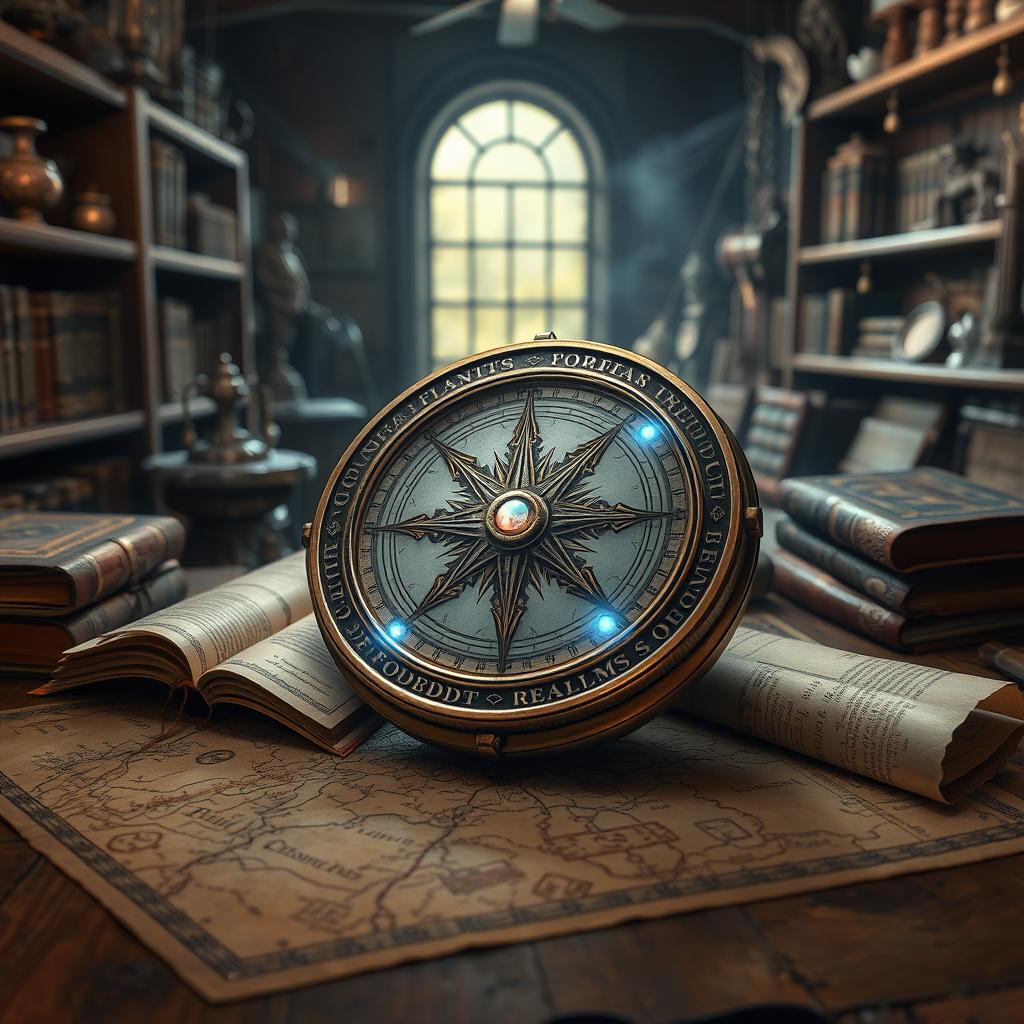 A mystical and intricately designed compass known as the 'Compass of the Forbidden Realms', resting on an ancient wooden table covered with aged maps and scrolls