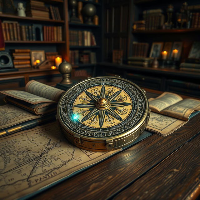 A mystical and intricately designed compass known as the 'Compass of the Forbidden Realms', resting on an ancient wooden table covered with aged maps and scrolls