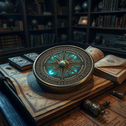 A mystical and intricately designed compass known as the 'Compass of the Forbidden Realms', resting on an ancient wooden table covered with aged maps and scrolls