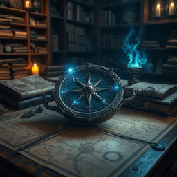 A mystical and intricately designed compass known as the 'Compass of the Forbidden Realms', resting on an ancient wooden table covered with aged maps and scrolls
