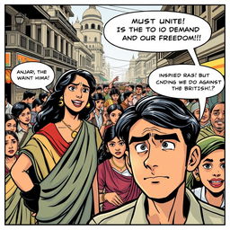 A vibrant comic strip page depicting a bustling street scene in 1942 India, filled with diverse characters engaged in animated discussions about the independence struggle