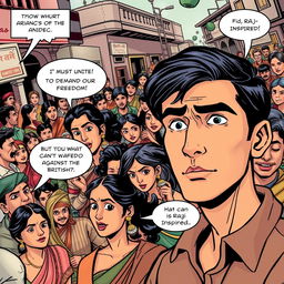 A vibrant comic strip page depicting a bustling street scene in 1942 India, filled with diverse characters engaged in animated discussions about the independence struggle