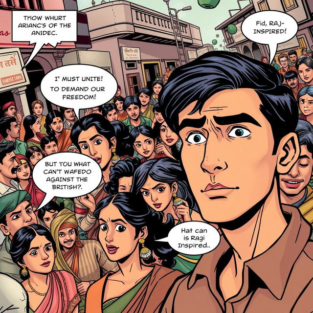 A vibrant comic strip page depicting a bustling street scene in 1942 India, filled with diverse characters engaged in animated discussions about the independence struggle