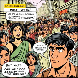 A vibrant comic strip page depicting a bustling street scene in 1942 India, filled with diverse characters engaged in animated discussions about the independence struggle