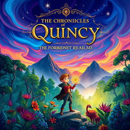 A vibrant and mystical book cover design for 'The Chronicles of Quincy: Compass of the Forbidden Realms'