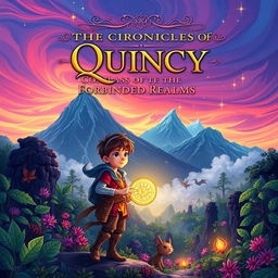 A vibrant and mystical book cover design for 'The Chronicles of Quincy: Compass of the Forbidden Realms'