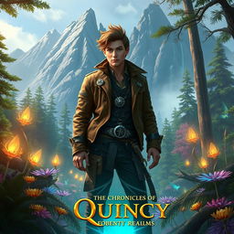 A fantastical scene inspired by 'The Chronicles of Quincy: Compass of the Forbidden Realms', featuring a brave adventurer named Quincy standing at the edge of a mystical forest