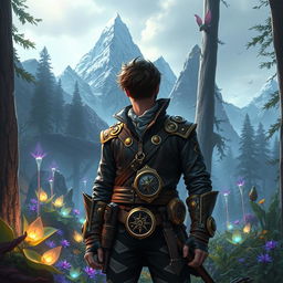 A fantastical scene inspired by 'The Chronicles of Quincy: Compass of the Forbidden Realms', featuring a brave adventurer named Quincy standing at the edge of a mystical forest