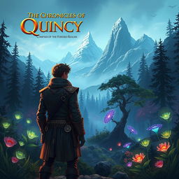A fantastical scene inspired by 'The Chronicles of Quincy: Compass of the Forbidden Realms', featuring a brave adventurer named Quincy standing at the edge of a mystical forest