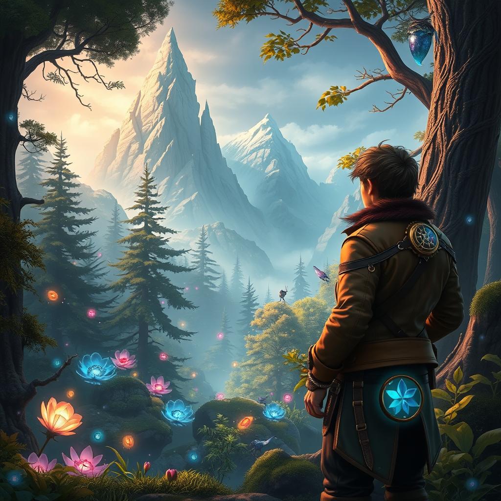 A fantastical scene inspired by 'The Chronicles of Quincy: Compass of the Forbidden Realms', featuring a brave adventurer named Quincy standing at the edge of a mystical forest