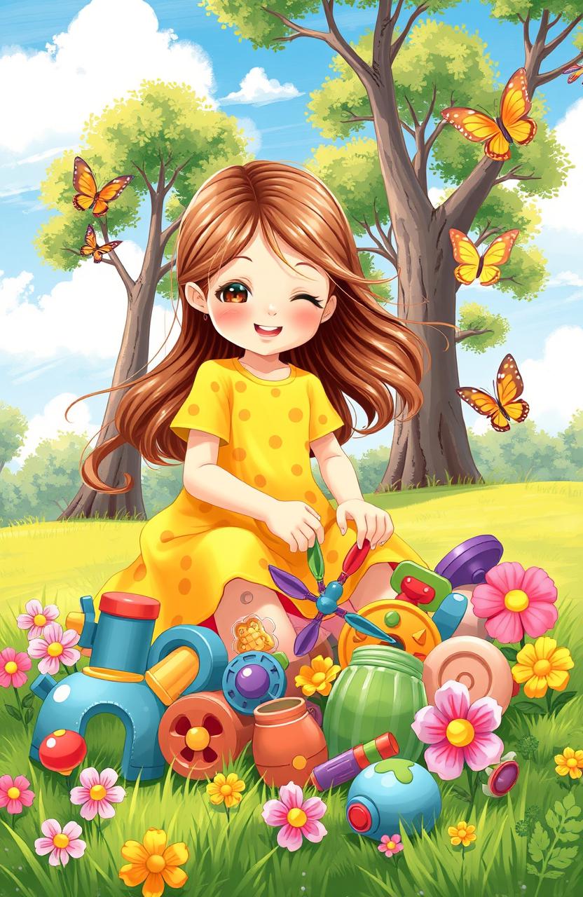 A whimsical illustration of a young girl playing with a collection of colorful toys in a sunlit park