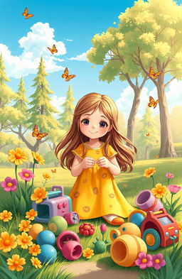 A whimsical illustration of a young girl playing with a collection of colorful toys in a sunlit park