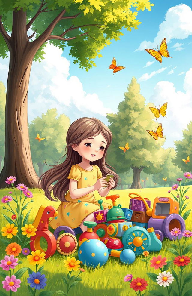 A whimsical illustration of a young girl playing with a collection of colorful toys in a sunlit park