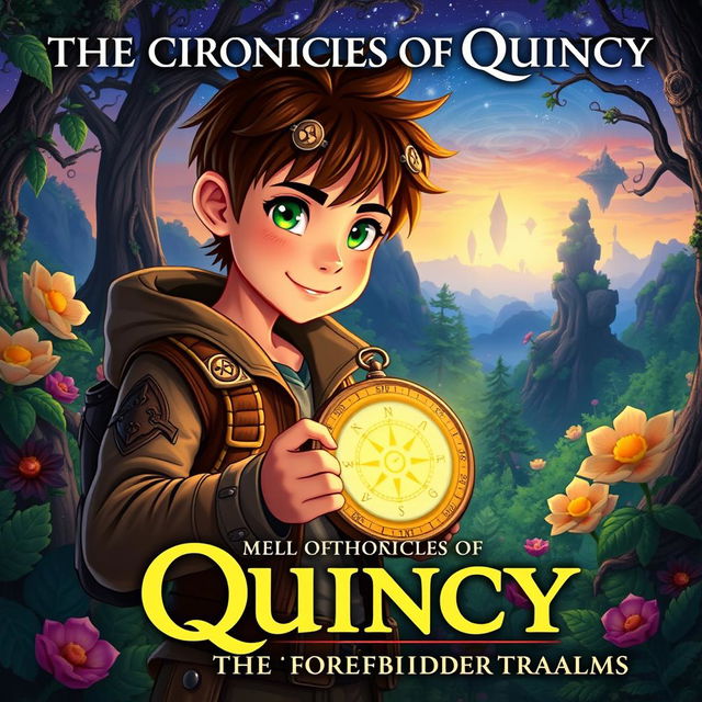 A captivating cover illustration for 'The Chronicles of Quincy: Compass of the Forbidden Realms', featuring a young adventurer named Quincy with short, tousled brown hair and bright green eyes