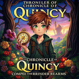 A captivating cover illustration for 'The Chronicles of Quincy: Compass of the Forbidden Realms', featuring a young adventurer named Quincy with short, tousled brown hair and bright green eyes