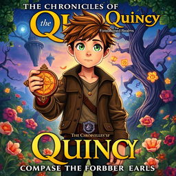 A captivating cover illustration for 'The Chronicles of Quincy: Compass of the Forbidden Realms', featuring a young adventurer named Quincy with short, tousled brown hair and bright green eyes