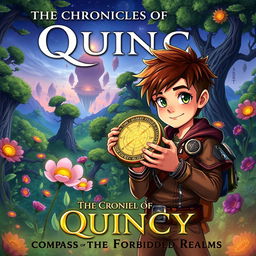 A captivating cover illustration for 'The Chronicles of Quincy: Compass of the Forbidden Realms', featuring a young adventurer named Quincy with short, tousled brown hair and bright green eyes