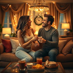 An enchanting scene of a playful woman in a cozy, elegantly decorated living room, engaging in a light-hearted relationship game with her partner
