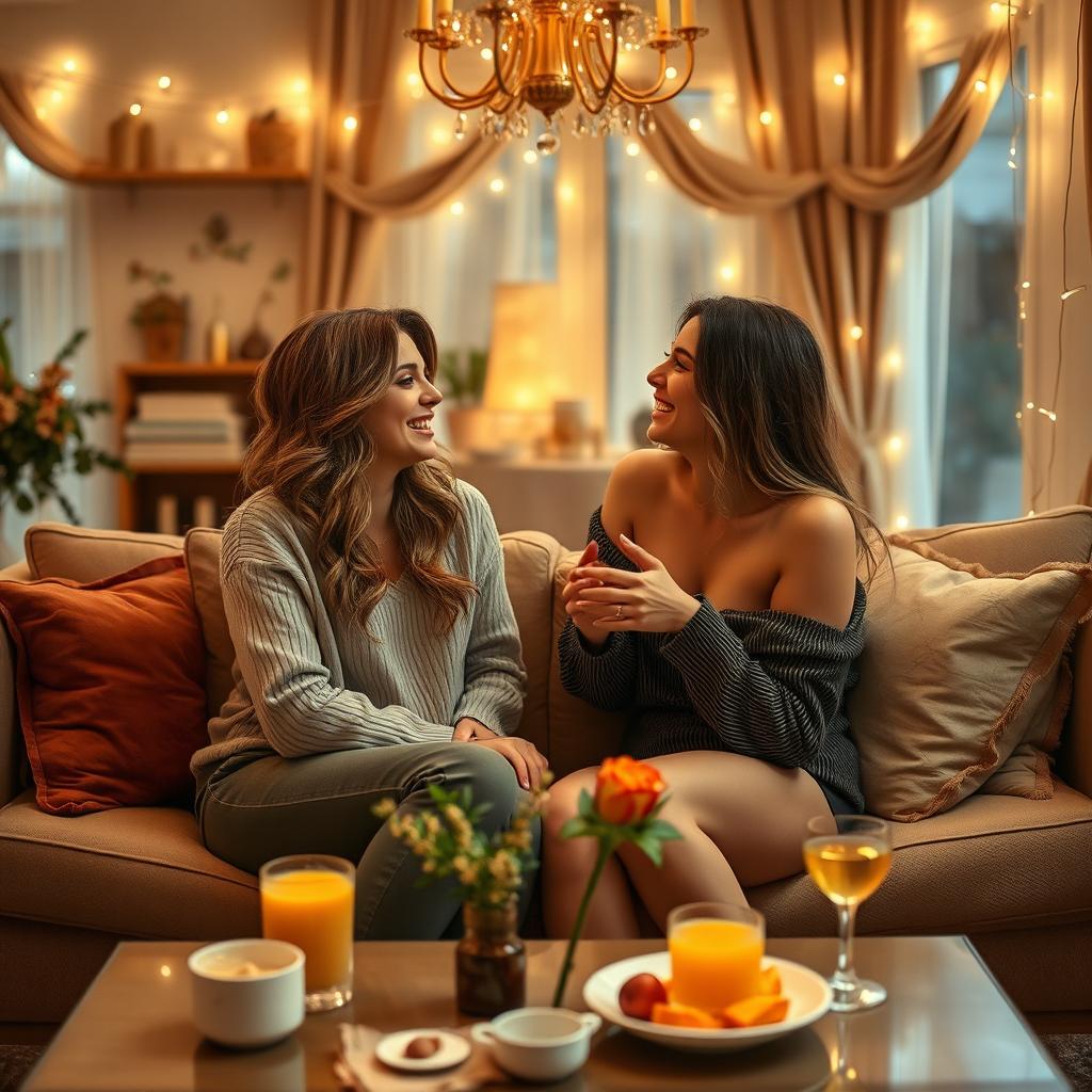 An enchanting scene of a playful woman in a cozy, elegantly decorated living room, engaging in a light-hearted relationship game with her partner